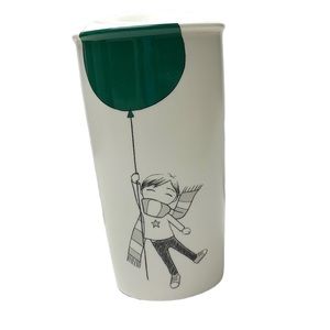 Starbucks 2014 Boy with a Green Balloon White Tumbler Travel Mug Cup & Lid 12oz